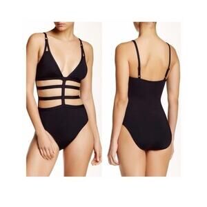 NWT $110 Kenneth Cole Women’s L Black Strappy Cut Out One piece Swimsuit Resort